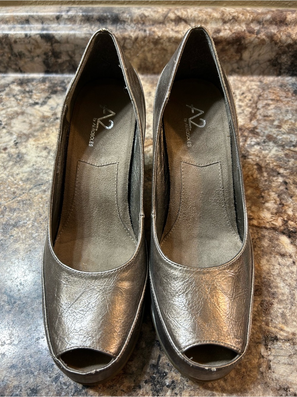 A2 By Aerosoles Metallic Pewter Peep-Toe Pumps